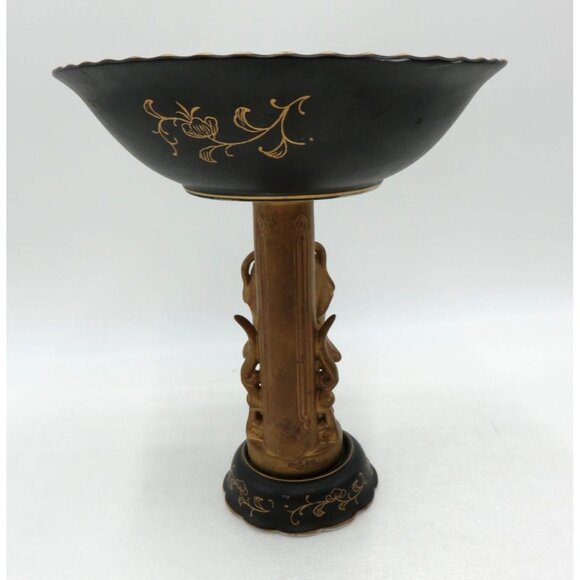 PEDESTAL Bowl Black and Gold With Oriental Figure Vintage JAPANESE Hand Painted - Picture 7 of 10